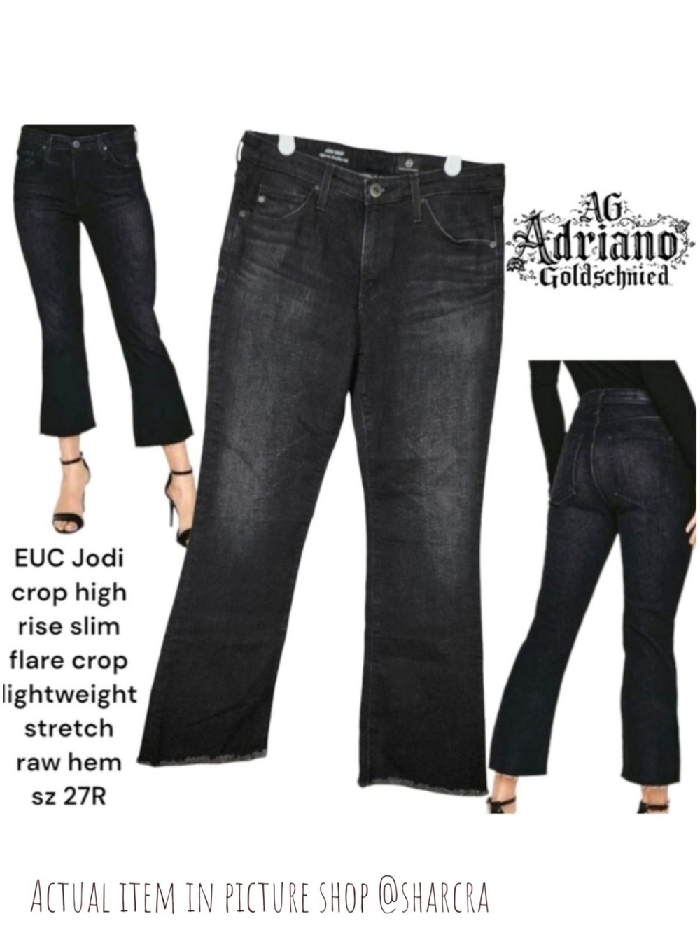 AG Adriano Goldschmied Women Jodi Crop High Rise Slim Flare Black Denim Jeans 27